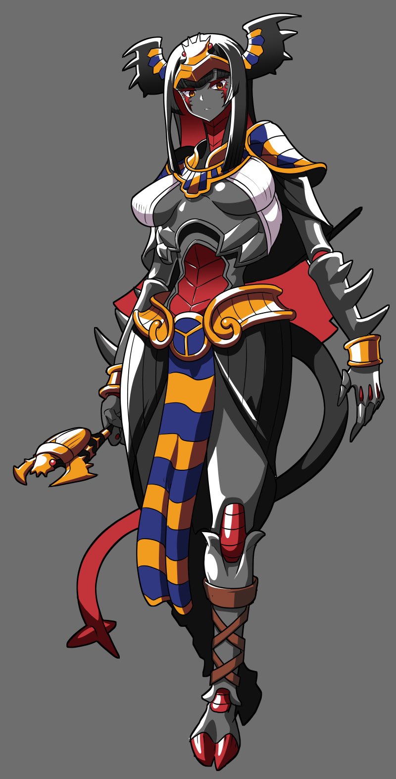 1girl armor armored_dress black_hair breasts carapace egyptian egyptian_clothes fewer_digits grey_background grey_skin highres hooves horns insect_girl large_breasts long_neck long_skirt matsuda_yuusuke monster_girl multicolored_hair nise_maou_sukaraberu orange_eyes pelvic_curtain red_hair showgirl_skirt skirt solo two-tone_hair yuusha_to_maou