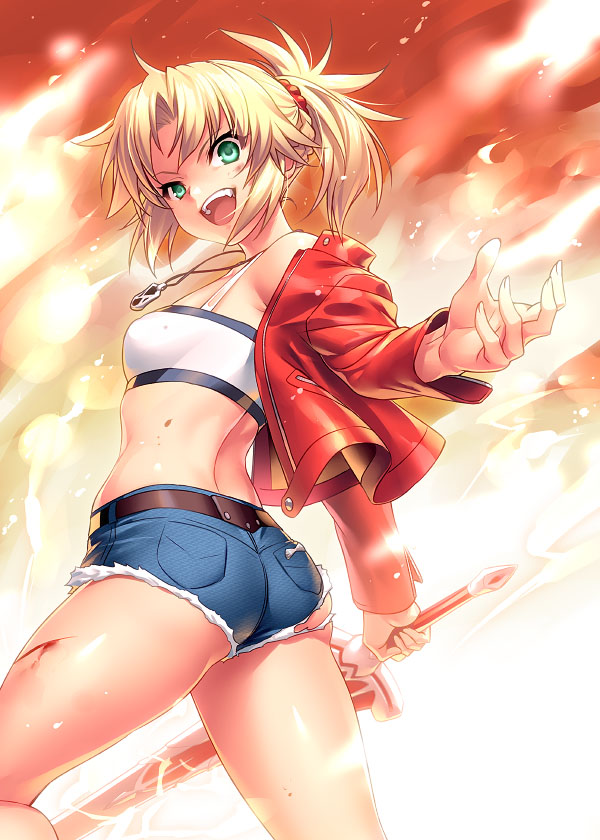 1girl ass bandeau bangs bare_shoulders belt blonde_hair braid breasts clarent cutoffs denim denim_shorts fate/apocrypha fate_(series) french_braid green_eyes hair_ornament hair_scrunchie jacket long_hair long_sleeves looking_at_viewer mordred_(fate) mordred_(fate)_(all) off_shoulder open_clothes open_jacket open_mouth parted_bangs ponytail red_jacket red_scrunchie scrunchie shorts sidelocks small_breasts smile solo sword thighs weapon zen