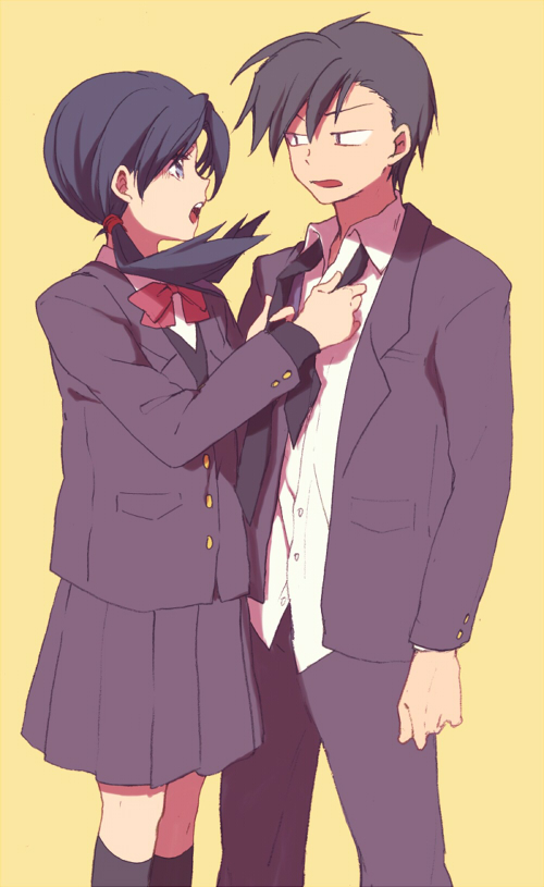 1boy 1girl black_coat black_hair black_legwear black_pants black_skirt black_theme coat collared_shirt crystal_(pokemon) eye_contact gold_(pokemon) long_hair looking_at_another necktie open_mouth pants pokemon pokemon_special shirt simple_background skirt standing twintails yellow_background yui_ko