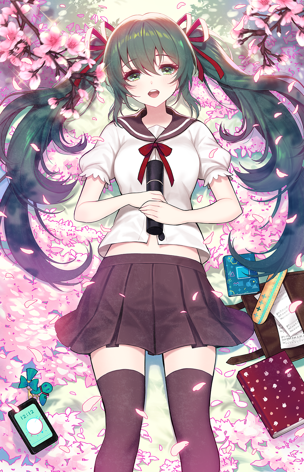 1girl :d bag bangs black_legwear black_sailor_collar black_skirt blush book cellphone charm_(object) cherry_blossoms eyebrows_visible_through_hair feet_out_of_frame from_above graduated_cylinder green_eyes green_hair hatsune_miku highres holding kyundoo long_hair lying miniskirt on_back open_mouth paper pencil_case petals phone pleated_skirt puffy_short_sleeves puffy_sleeves red_ribbon ribbon sailor_collar school_bag school_uniform serafuku shirt short_sleeves sidelocks skirt smartphone smile solo spring_(season) thighhighs twintails very_long_hair vocaloid white_shirt zettai_ryouiki
