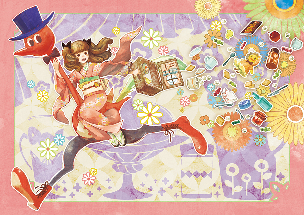 1girl apple bangs blue_flower blue_headwear border bottle brown_hair candy cup doll drinking_bird flower food fork fruit green_flower hat japanese_clothes jar kimono knife long_sleeves obi original outline picnic_basket pink_border pink_kimono plate sandals sash solo spoon tami_yagi tofu twintails white_outline wide_shot wide_sleeves yellow_flower