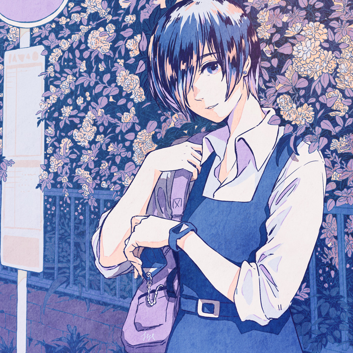 1girl bag belt collared_shirt commentary_request earrings flower hair_over_one_eye jewelry leaf limited_palette looking_at_viewer original parted_lips purple_bag shadow shirt short_hair shoulder_bag solo tami_yagi upper_body white_shirt