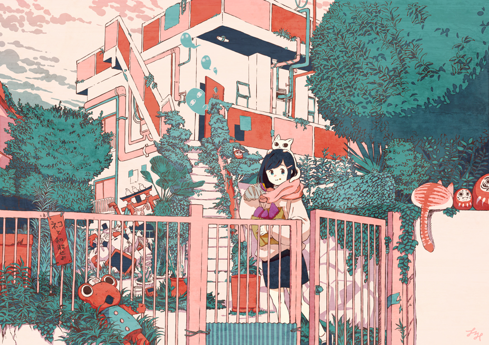 1girl bird black_hair building cat cloud cloudy_sky commentary_request door grass hair_ornament hairclip long_sleeves medium_hair original outdoors pipes railing scarf signature sky smile solo stairs tami_yagi tree white_cat