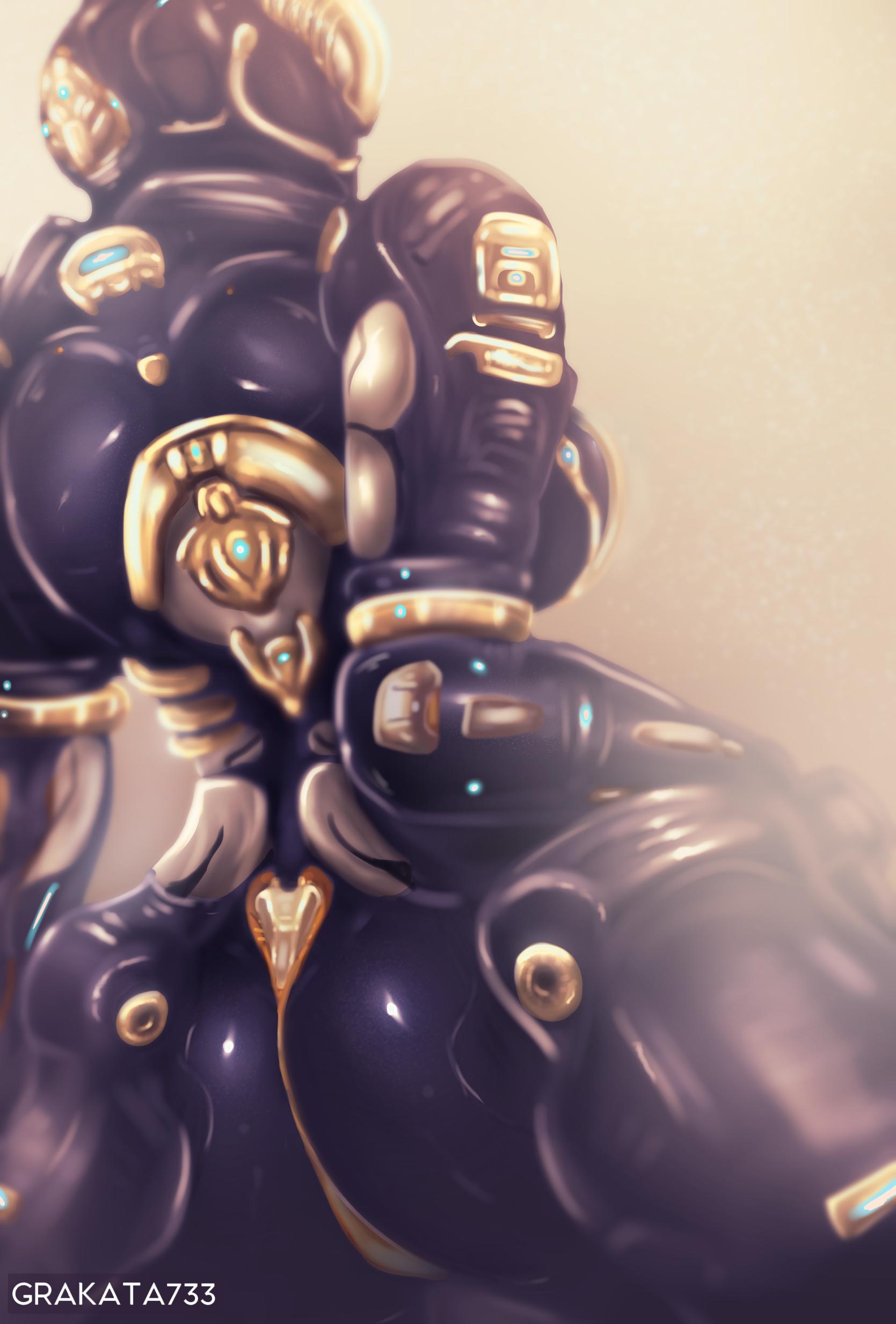 absurd_res alien alien_humanoid big_breasts big_butt black_body black_skin breasts butt clothed clothing equinox_(warframe) female gold_skin grakata733 hi_res humanoid looking_at_another machine prime_warframe rear_view robot robot_humanoid simple_background solo video_games warframe white_body white_skin
