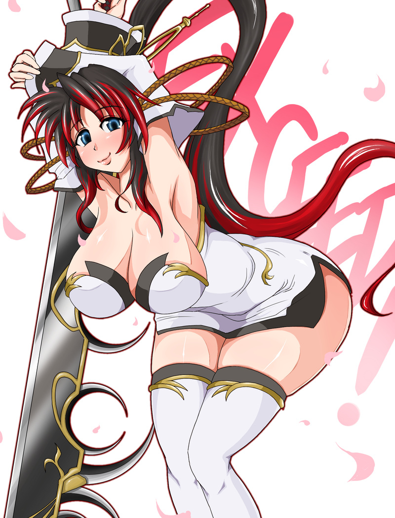 armpits black_hair blue_eyes breasts cleavage curvy detached_sleeves dress hair_ornament holding holding_sword holding_weapon huge_breasts leaning_forward long_hair looking_at_viewer multicolored_hair nanbu_kaguya ponpo ponytail red_hair smile source_request strapless strapless_dress super_robot_wars super_robot_wars_og_saga_mugen_no_frontier sword thick_thighs thighhighs thighs weapon