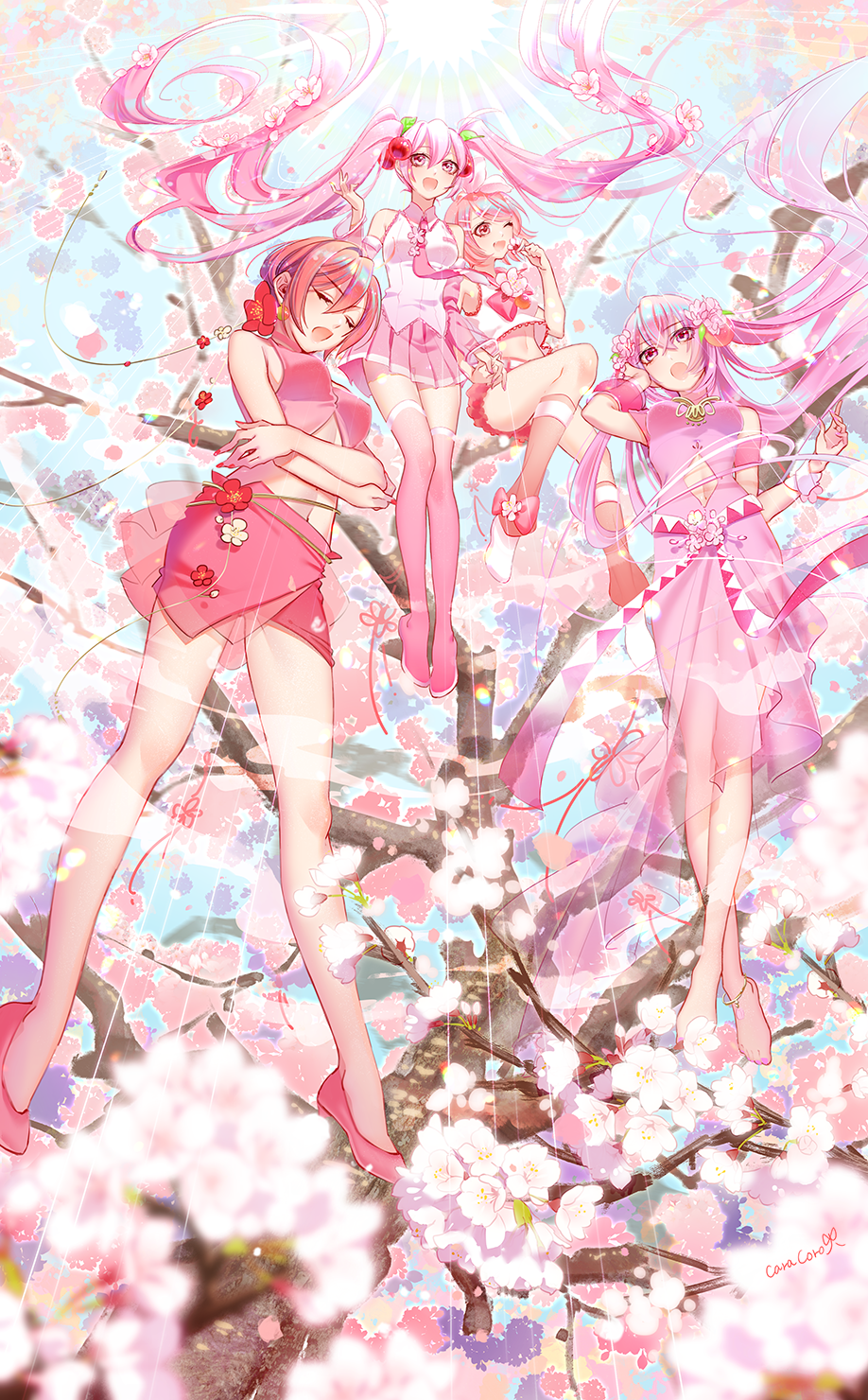 4girls absurdly_long_hair apricot_(fruit) apricot_blossom armband bare_shoulders belt branch cherry_blossoms cherry_hair_ornament closed_eyes commentary crossed_arms detached_sleeves dress floating flower food food_themed_hair_ornament from_below fruit hair_flower hair_ornament hand_in_hair hatsune_miku highres holding holding_flower kagamine_rin karakoro lens_flare long_hair looking_at_viewer megurine_luka meiko miniskirt multiple_girls navel_cutout necktie one_eye_closed open_mouth peach peach_blossom peach_hair_ornament pink_dress pink_neckwear pink_shirt pink_skirt pink_sleeves pleated_skirt plum_blossoms red_ribbon ribbon sakura_luka sakura_meiko sakura_miku sakura_rin shirt short_hair skirt smile sun thighhighs tree twintails v-shaped_eyebrows very_long_hair vocaloid white_dress wristband
