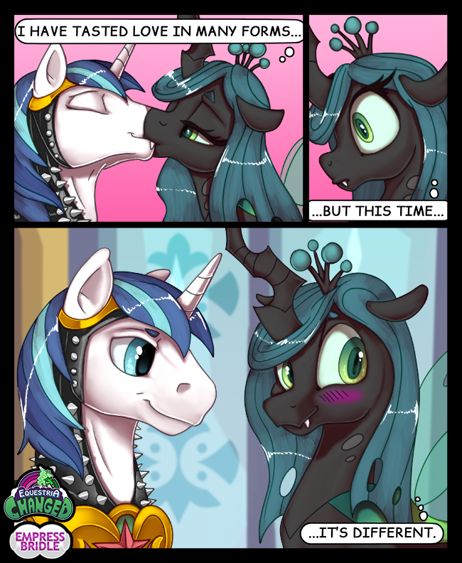 2020 arthropod blush changeling dialogue duo empressbridle english_text equid eyelashes eyes_closed female feral friendship_is_magic green_eyes half-closed_eyes horn kissing male male/female mammal my_little_pony narrowed_eyes queen_chrysalis_(mlp) shining_armor_(mlp) smile text unicorn