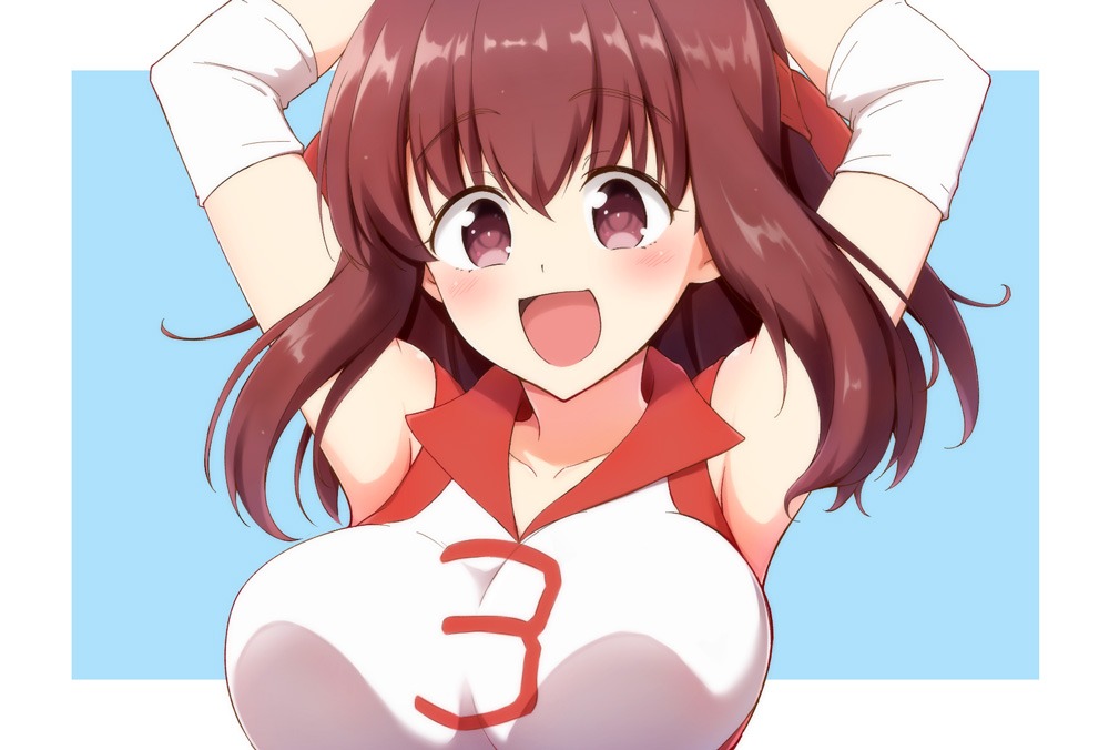 1girl :d arms_up bangs blue_background breasts brown_eyes brown_hair elbow_pads eyebrows_visible_through_hair girls_und_panzer headband kondou_taeko large_breasts looking_at_viewer medium_hair nagomiya_(shousha) open_mouth outside_border red_headband red_shirt shirt sleeveless sleeveless_shirt smile solo sportswear volleyball_uniform