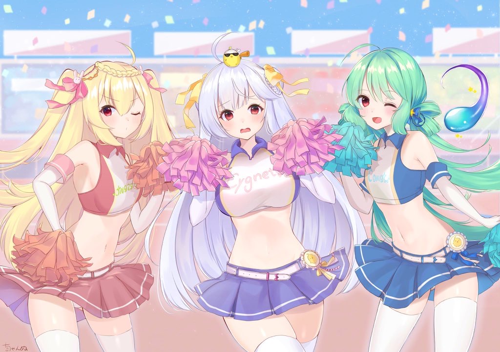 3girls ;d adapted_costume ahoge animal_on_head armpits ass_visible_through_thighs azur_lane bangs bare_shoulders belt bird blonde_hair blue_bow blue_skirt blue_sky blush bow braid braided_bun breasts bunny_hair_ornament chan'nu cheerleader chick collared_shirt comet comet_(azur_lane) commentary_request confetti cowboy_shot crescent_(azur_lane) crop_top cygnet_(azur_lane) cygnet_(royal_fanfare)_(azur_lane) double_bun elbow_gloves eyebrows_visible_through_hair gloves green_hair groin hair_between_eyes hair_bow hair_ornament hair_ribbon hair_rings hands_up large_breasts long_hair looking_at_viewer manjuu_(azur_lane) midriff mirrored multiple_girls navel on_head one_eye_closed open_mouth panties pantyshot pantyshot_(standing) pink_ribbon pom_poms purple_shirt purple_skirt red_eyes red_shirt red_skirt ribbon shirt side_bun sidelocks signature skirt sky sleeveless sleeveless_shirt small_breasts smile stadium standing thighhighs track_and_field two-tone_shirt two_side_up underwear very_long_hair white_belt white_gloves white_hair white_panties white_shirt yellow_ribbon zettai_ryouiki