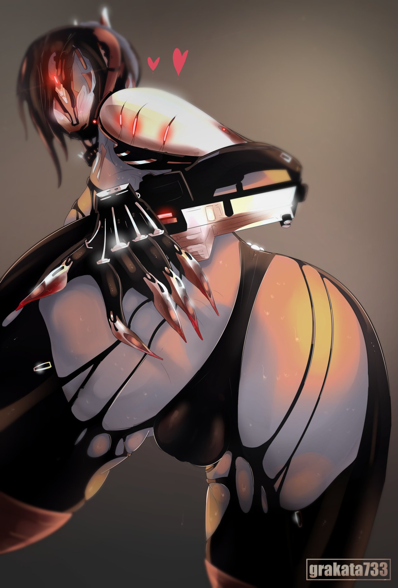 &lt;3 alien alien_humanoid big_breasts big_butt black_body black_skin breasts butt butt_focus butt_grab claws clothed clothing female genitals grakata733 grey_body grey_skin hand_on_butt hi_res humanoid looking_at_viewer looking_back looking_back_at_viewer machine nude pussy robot robot_humanoid simple_background solo valkyr_(warframe) video_games warframe white_body white_skin