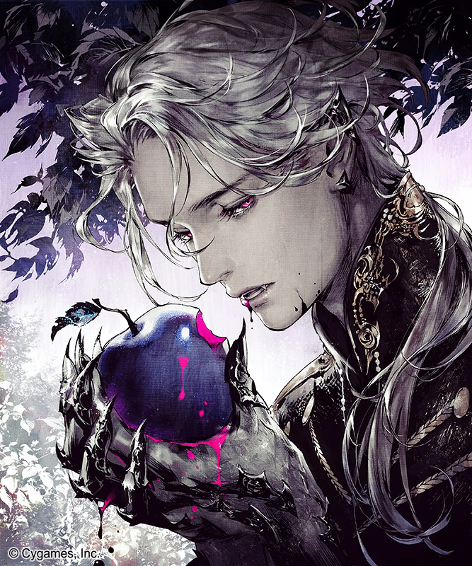 1boy apple bangs earrings fangs food fruit holding jewelry leaf long_hair low_ponytail official_art open_mouth purple_eyes shadowverse silver_hair solo upper_body xiling