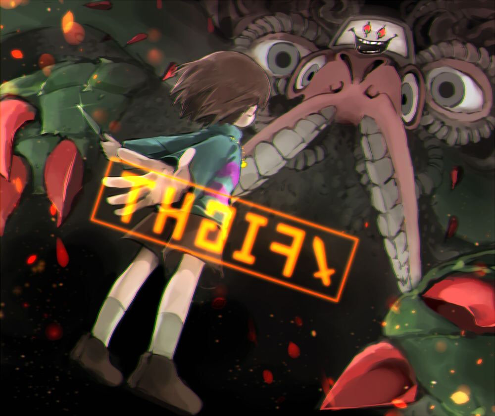 1boy 1other artist_request black_background blurry claws eye_contact eyes frisk_(undertale) gameplay_mechanics holding holding_knife holding_weapon jewelry knife locket looking_at_another open_mouth pendant photoshop_flowey shoes simple_background smile socks spoilers teeth undertale weapon
