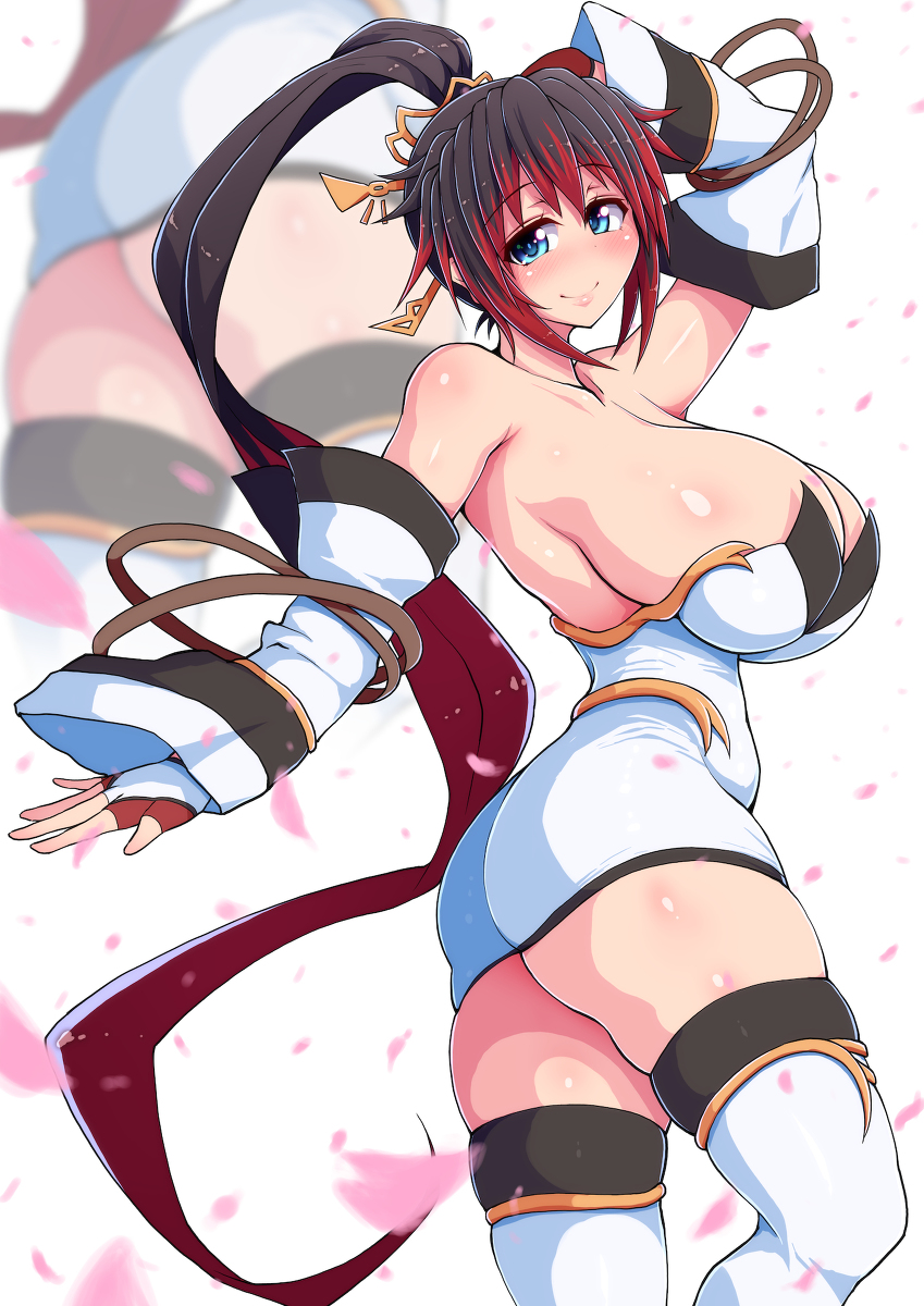 1girl ass bare_shoulders black_hair blue_eyes breasts curvy detached_sleeves dress hair_ornament high_ponytail highres huge_breasts looking_at_viewer multicolored_hair nanbu_kaguya petals ponpo red_hair smile solo strapless strapless_dress super_robot_wars super_robot_wars_og_saga_mugen_no_frontier thick_thighs thighhighs thighs zoom_layer