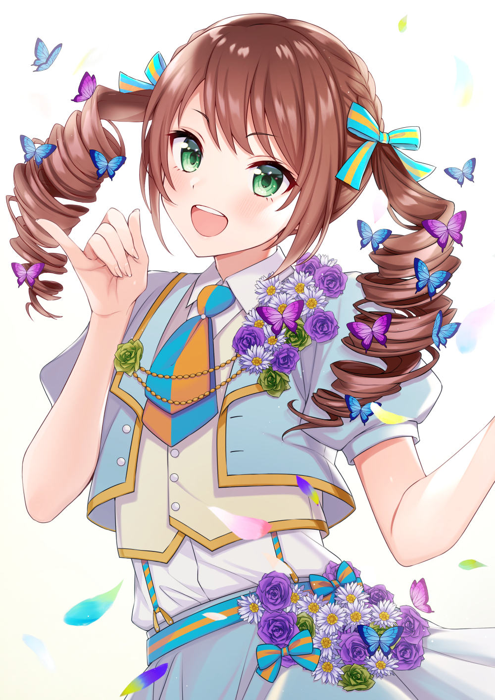 1boy akariko alternate_costume bangs blue_jacket blush brown_hair bug butterfly commentary_request crossdressing dress drill_hair eyebrows_visible_through_hair flower green_eyes highres idolmaster idolmaster_side-m insect jacket long_hair looking_at_viewer male_focus mizushima_saki open_mouth otoko_no_ko purple_flower short_sleeves smile solo twin_drills twintails upper_teeth white_flower