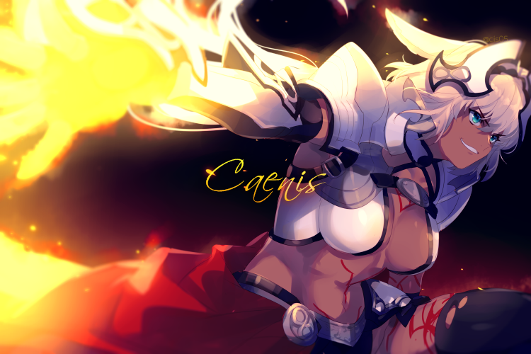1girl abs animal_ears bangs black_bikini_bottom black_gloves black_legwear blue_eyes body_markings breasts caenis_(fate) cape character_name cis05 dark_skin elbow_gloves fate/grand_order fate_(series) fire gauntlets gloves grin hair_intakes headpiece large_breasts long_hair navel outstretched_arm pauldrons red_cape smile solo tattoo thighhighs waist_cape white_bikini_top