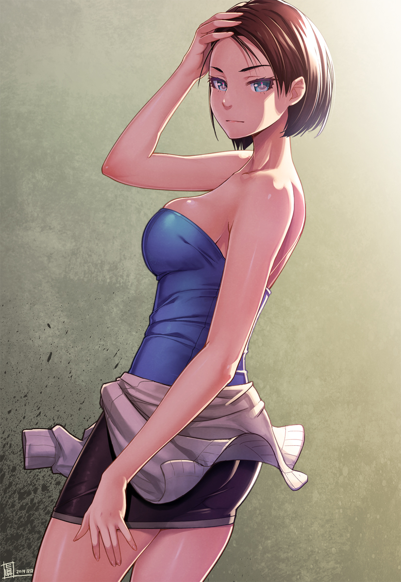 bare_shoulders blue_eyes breasts brown_hair cleavage clothes_around_waist half-closed_eyes hand_on_own_head highres jill_valentine looking_at_viewer mahito pencil_skirt resident_evil resident_evil_3 short_hair skirt sleeveless strapless