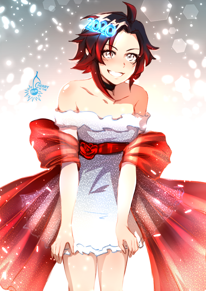 1girl 2020 ahoge artist_name black_hair blue_dress blush cherry_in_the_sun choker collarbone dress gradient_hair grey_background grey_eyes grin multicolored_hair red_hair ruby_rose rwby sash see-through short_dress short_hair smile solo standing strapless strapless_dress