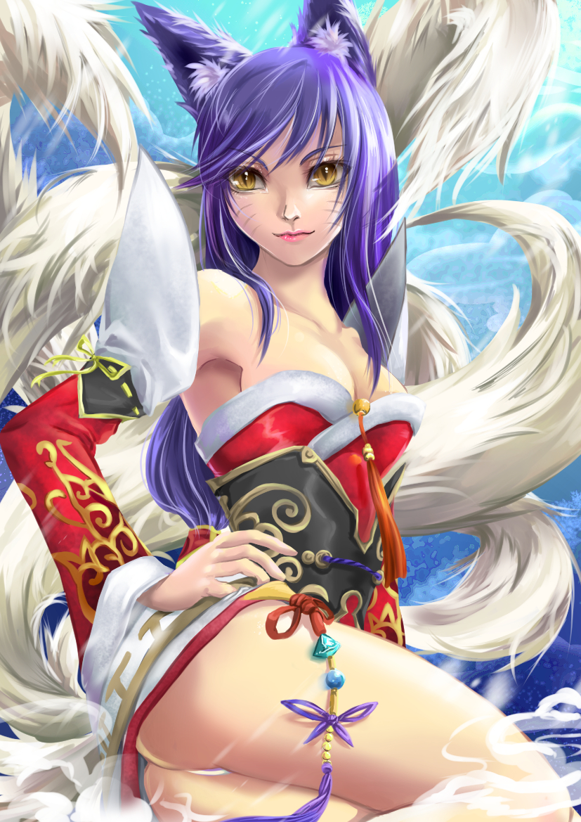 1girl ahri animal_ears artist_request ass bare_shoulders breasts collarbone detached_sleeves eyebrows_visible_through_hair facial_mark fox_ears fox_tail hand_on_hip korean_clothes lavender_hair league_of_legends lips long_hair looking_at_viewer low_neckline medium_breasts multiple_tails panties pantyshot solo tail underwear whisker_markings white_panties