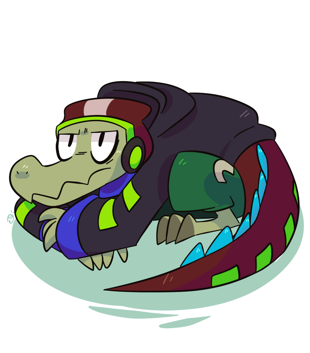 3_toes beanie bottomwear claws clothing crocodile crocodilian crocodylid cybernetics fingers hat headgear headphones headwear hoodie iconicisaac latch lethal_league long_tail lying machine metal_tail on_front pants prosthetic reptile scalie toes topwear video_games