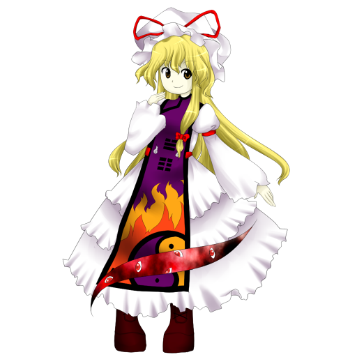 blonde_hair boots dress eyes frilled_dress frills gap hat hat_ribbon long_hair long_sleeves mob_cap oota_jun'ya_(style) red_ribbon ribbon tabard touhou yakumo_yukari yellow_eyes