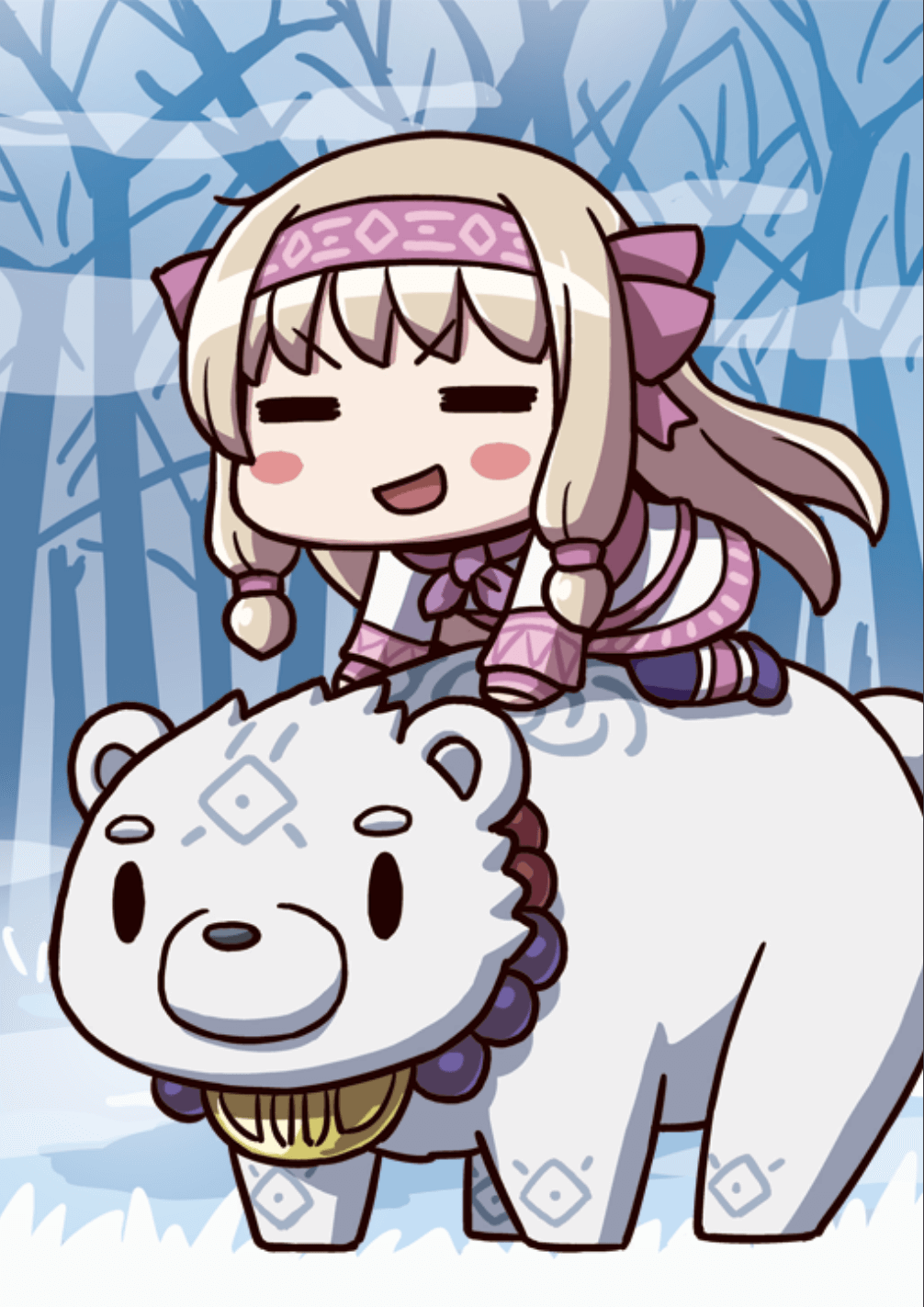 1girl ainu_clothes april_fools bangs bear blonde_hair blush_stickers bow chibi closed_eyes fate/grand_order fate_(series) hair_bow hairband highres illyasviel_von_einzbern long_hair long_sleeves official_art open_mouth pink_bow pink_hairband polar_bear riding riyo_(lyomsnpmp) shirou_(fate/grand_order) sitonai smile