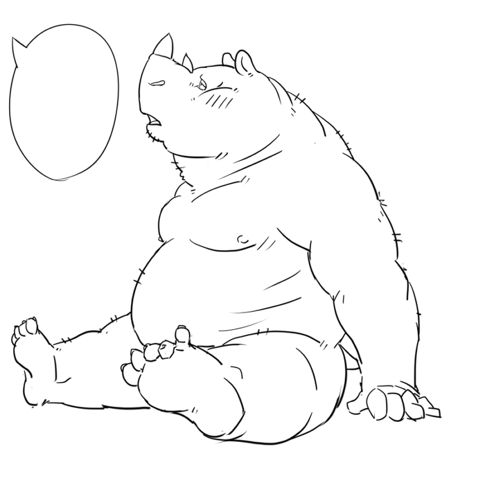 1:1 2009 anthro araiguma_11 belly humanoid_hands kemono male mammal monochrome moobs nipples overweight overweight_male rhinocerotoid simple_background sitting sketch solo white_background