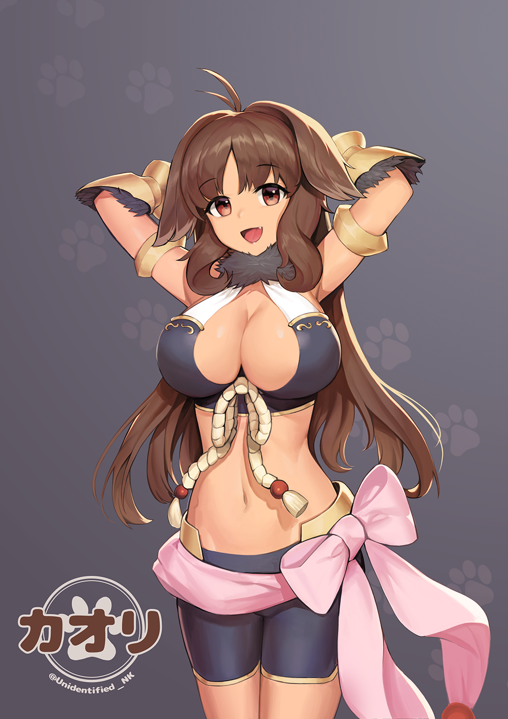 1girl antenna_hair arms_behind_head breasts brown_hair cleavage cleavage_cutout eyebrows_visible_through_hair fang fur_trim highres himitsu_neko kyan_kaori large_breasts long_hair looking_at_viewer navel open_mouth princess_connect! princess_connect!_re:dive red_eyes solo twitter_username