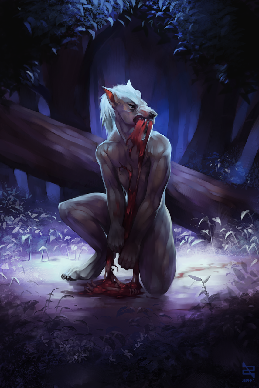 4_toes 5_fingers anthro black_nose canid canine canis detailed_background digital_media_(artwork) fingers forest fur grass grey_body grey_fur hi_res male mammal night outside solo teeth toes tree were werecanid werecanine werewolf wolf zephra