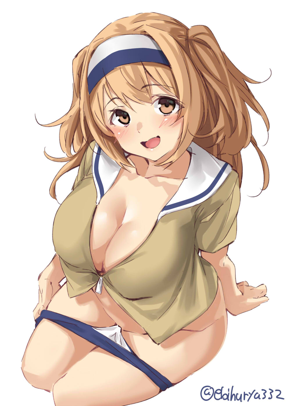 1girl arm_support blue_swimsuit breasts cleavage collarbone commentary_request ebifurya from_above hair_between_eyes hairband head_tilt highres i-26_(kantai_collection) kantai_collection large_breasts light_brown_eyes light_brown_hair looking_at_viewer looking_up one-piece_swimsuit open_mouth sailor_collar short_sleeves sitting solo swimsuit swimsuit_removed thighs twitter_username two-tone_hairband two_side_up zipper