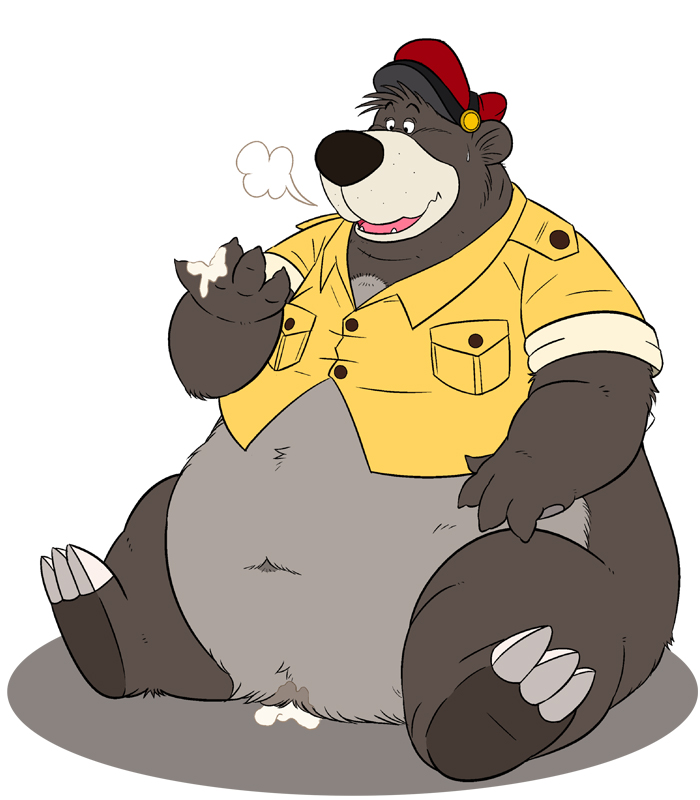 2009 after_masturbation anthro baloo belly bodily_fluids clothing cum cum_on_ground cum_on_hand disney genital_fluids hat headgear headwear kemono male mammal norataro obese overweight overweight_male shirt simple_background solo sweat talespin topwear ursid white_background