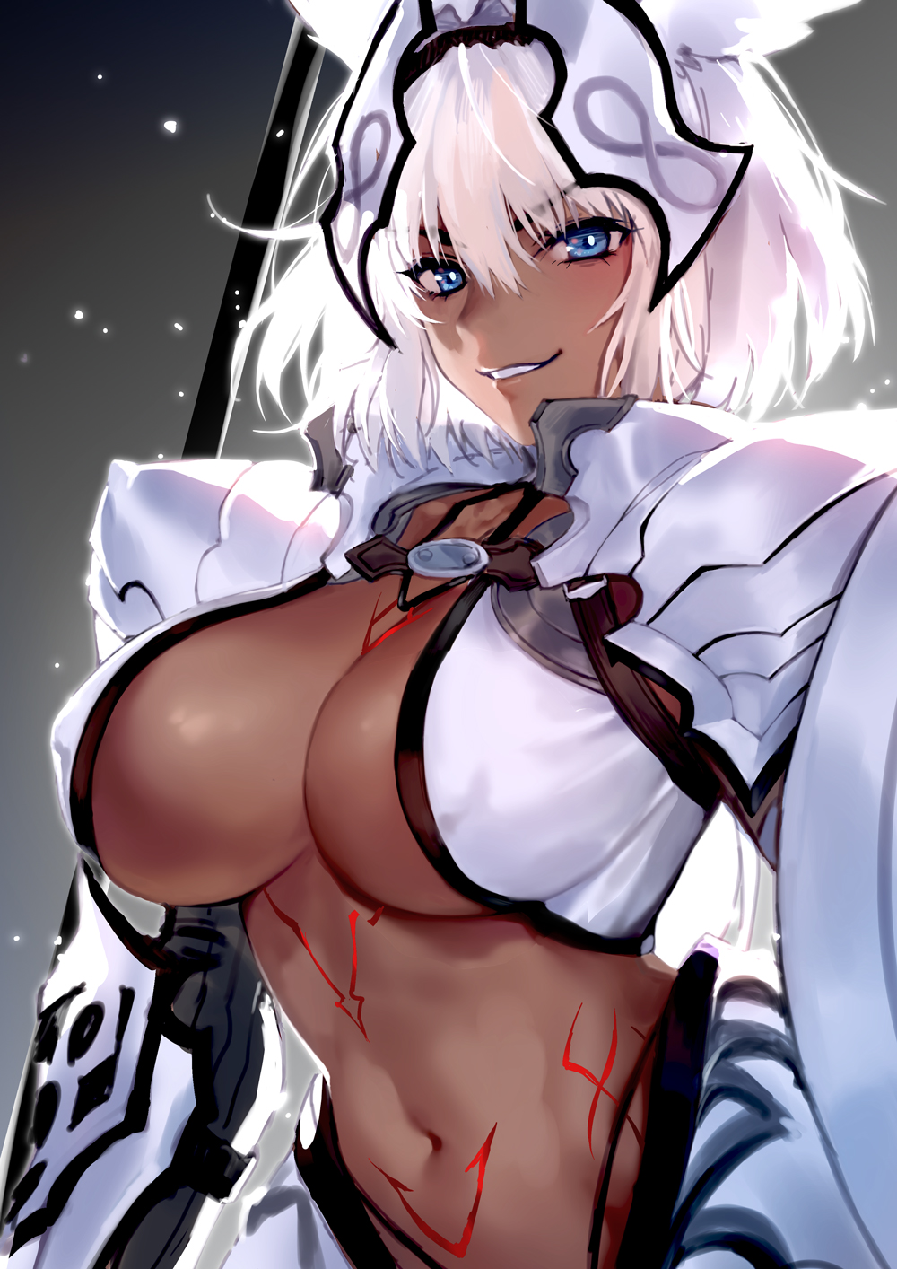 1girl animal_ears backlighting bangs blue_eyes body_markings breasts caenis_(fate) cleavage dark_skin fate/grand_order fate_(series) gradient gradient_background grey_background grin hair_intakes headpiece highres large_breasts long_hair looking_at_viewer navel obiwan pauldrons polearm shield smile solo spear weapon white_bikini_top white_hair