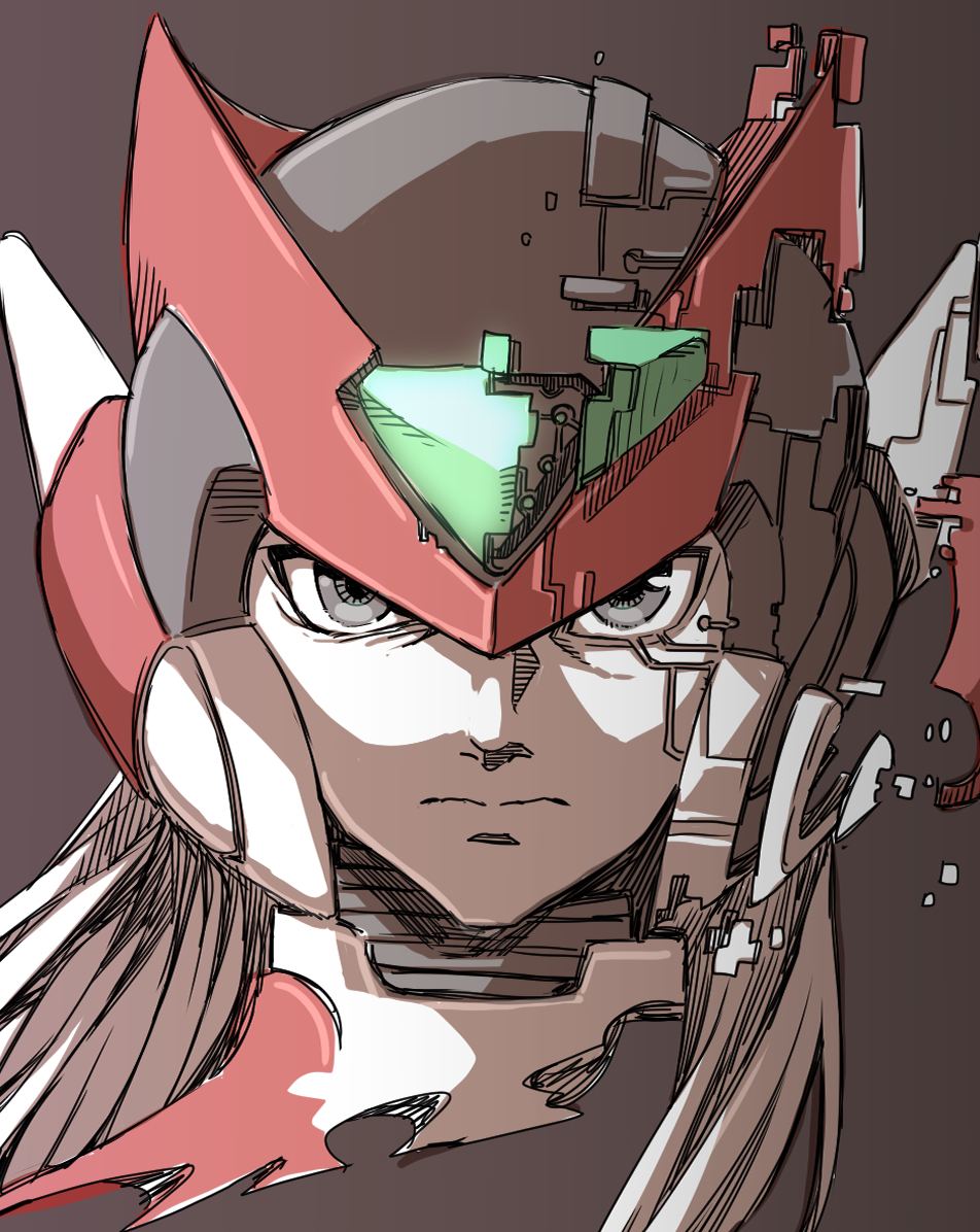 1boy android angelo_(gomahangetsu) black_eyes brown_background closed_mouth face glitch glowing helmet long_hair male_focus muted_color red_headwear rockman rockman_zero simple_background sketch solo upper_body