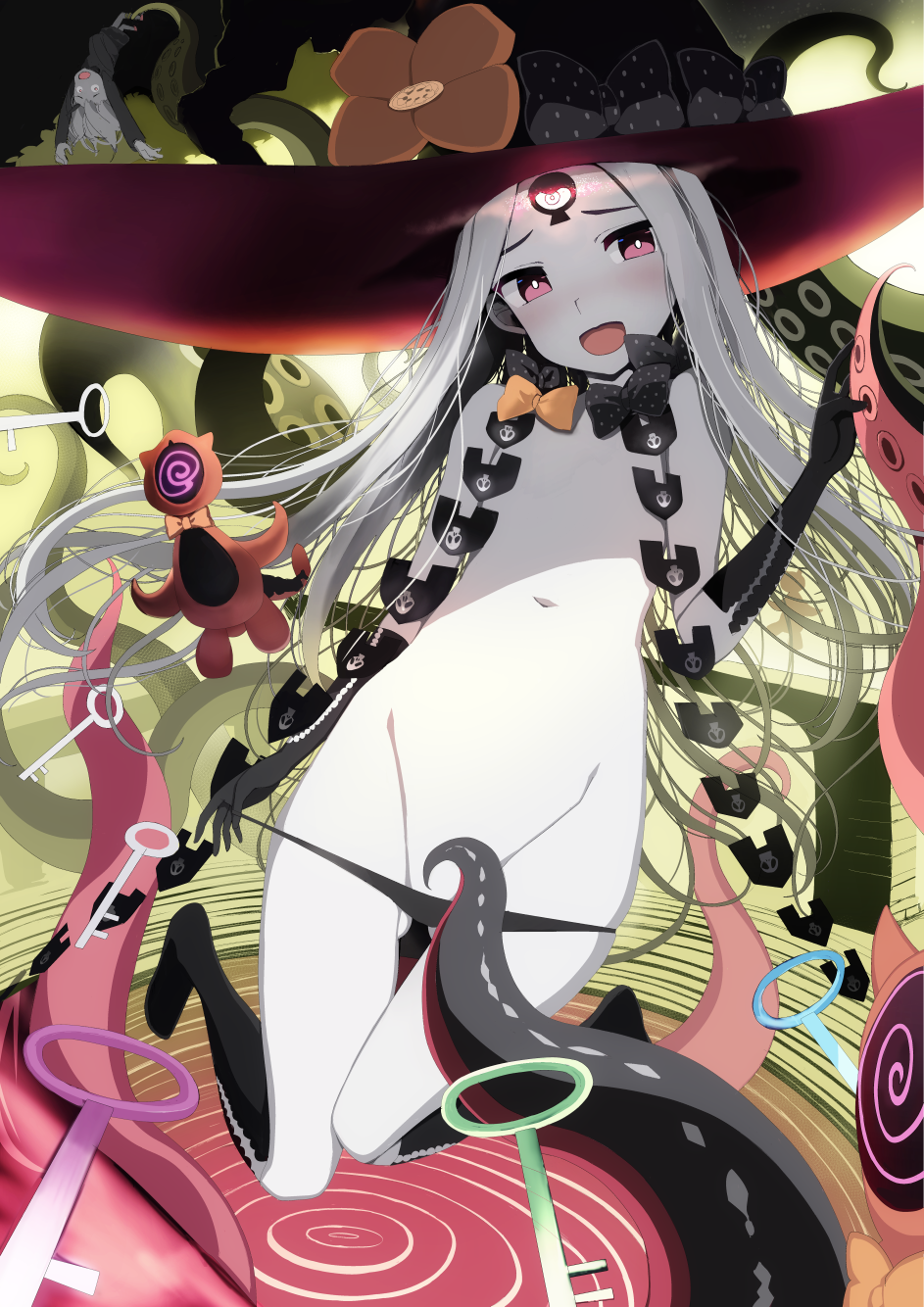 1girl abigail_williams_(fate/grand_order) bangs black_bow black_headwear black_panties bow fate/grand_order fate_(series) forehead hat highres keyhole long_hair multiple_bows orange_bow panties parted_bangs red_eyes tentacles tranquillianusmajor underwear white_hair white_skin witch_hat