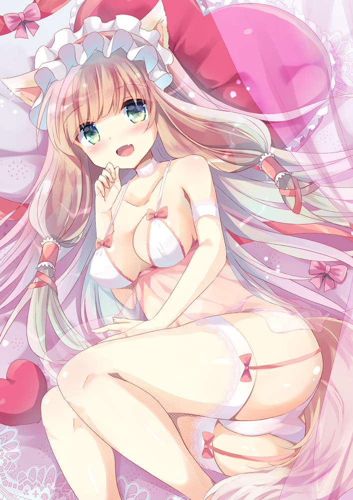 1girl :d animal_ears ass babydoll bangs bare_shoulders bed_sheet blush bow breasts brown_hair cleavage collarbone commentary_request eyebrows_visible_through_hair fang garter_straps green_hair hand_up heart heart_pillow himemiya_maho kuriyuzu_kuryuu long_hair looking_at_viewer lying medium_breasts on_side open_mouth panties pillow pink_bow princess_connect! princess_connect!_re:dive see-through smile solo tail thighhighs underwear underwear_only very_long_hair white_legwear white_panties