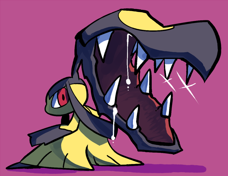 from_behind gen_3_pokemon glint looking_at_viewer looking_back mawile no_humans open_mouth pink_background pokemon pokemon_(creature) rariatto_(ganguri) saliva simple_background solo standing