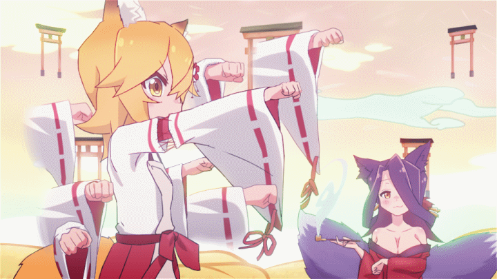 2girls :3 afterimage animal_ear_fluff animal_ears apron bangs blonde_hair breasts cleavage cloud commentary english_commentary floating floating_object fox_ears fox_girl fox_tail greatveemon hair_between_eyes hair_ornament hair_over_one_eye holding holding_pipe japanese_clothes jojo_no_kimyou_na_bouken kimono kiseru long_hair miko multiple_girls multiple_tails off_shoulder open_mouth outdoors parody pipe punching purple_hair red_kimono ribbon-trimmed_sleeves ribbon_trim senko_(sewayaki_kitsune_no_senko-san) sewayaki_kitsune_no_senko-san short_hair smoke sora_(sewayaki_kitsune_no_senko-san) tail torii v-shaped_eyebrows wide_sleeves yellow_eyes