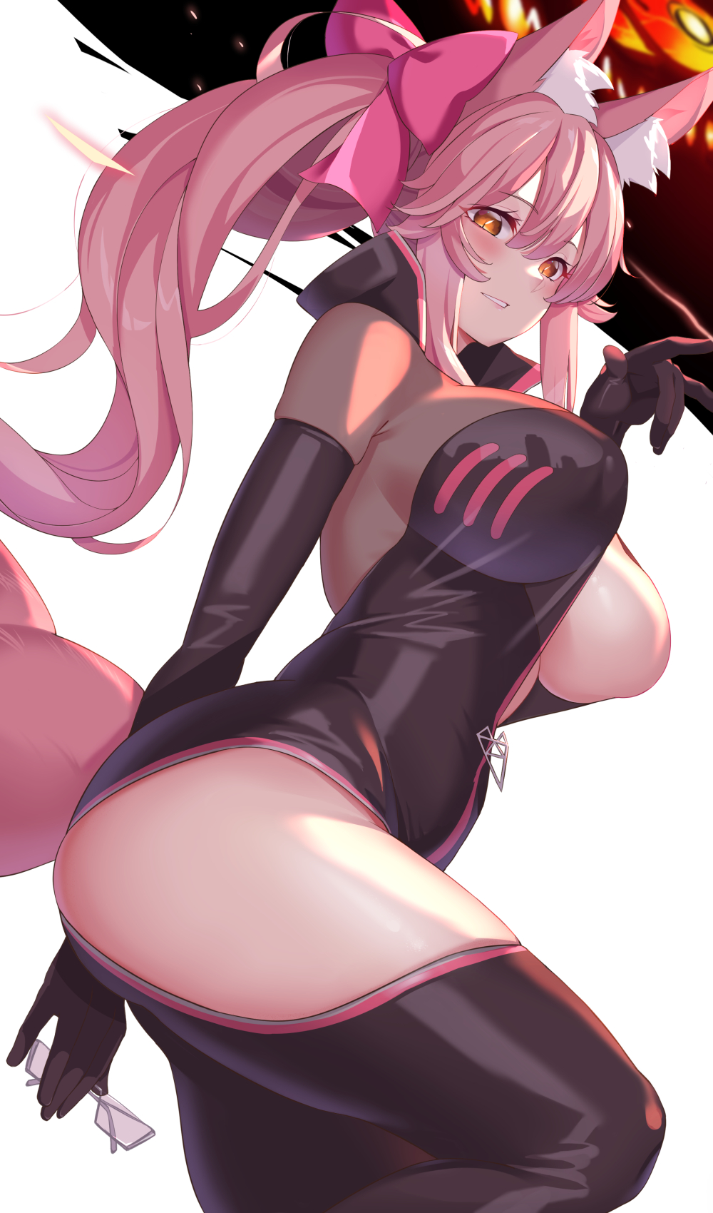 1girl animal_ear_fluff animal_ears arm_behind_back bangs breasts center_opening china_dress chinese_clothes choker commentary_request dress fan fate/grand_order fate_(series) fox_ears fox_girl fox_tail from_side glasses hair_ribbon highres kaneko_(bblogtinhan) koyanskaya large_breasts parted_lips pink_hair pink_ribbon ribbon ribbon_choker see-through sideboob slit_pupils tail tamamo_(assassin)_(fate) tamamo_(fate)_(all) white-framed_eyewear