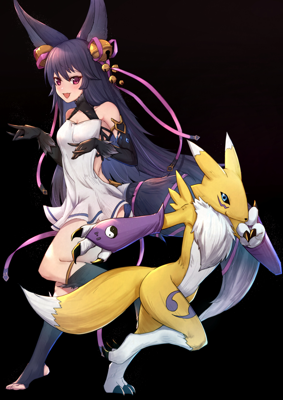 1girl :d animal_ears bare_shoulders bell black_background black_gloves black_hair black_legwear blue_eyes blush breasts cleavage commentary crossover digimon digimon_tamers double_fox_shadow_puppet erune fang fox_shadow_puppet gloves granblue_fantasy hair_bell hair_ornament hair_ribbon highres jingle_bell kneehighs long_hair no_shoes open_mouth pink_ribbon red_eyes renamon ribbon simple_background small_breasts smile standing standing_on_one_leg stirrup_legwear tail toeless_legwear uneg very_long_hair yuel_(granblue_fantasy)