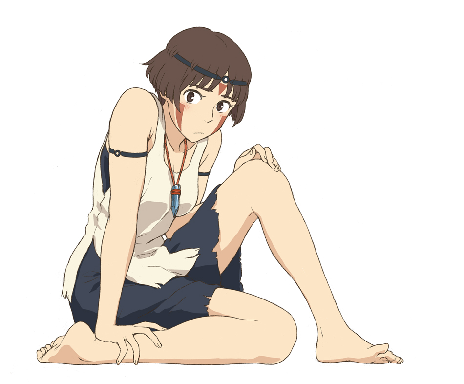 1girl bare_arms barefoot breasts brown_eyes brown_hair cleavage closed_mouth cosplay earrings facepaint facial_mark feet gake_no_ue_no_ponyo graphite_(medium) headband jas jewelry lisa_(ponyo) looking_at_viewer mononoke_hime necklace san short_hair simple_background solo traditional_media white_background