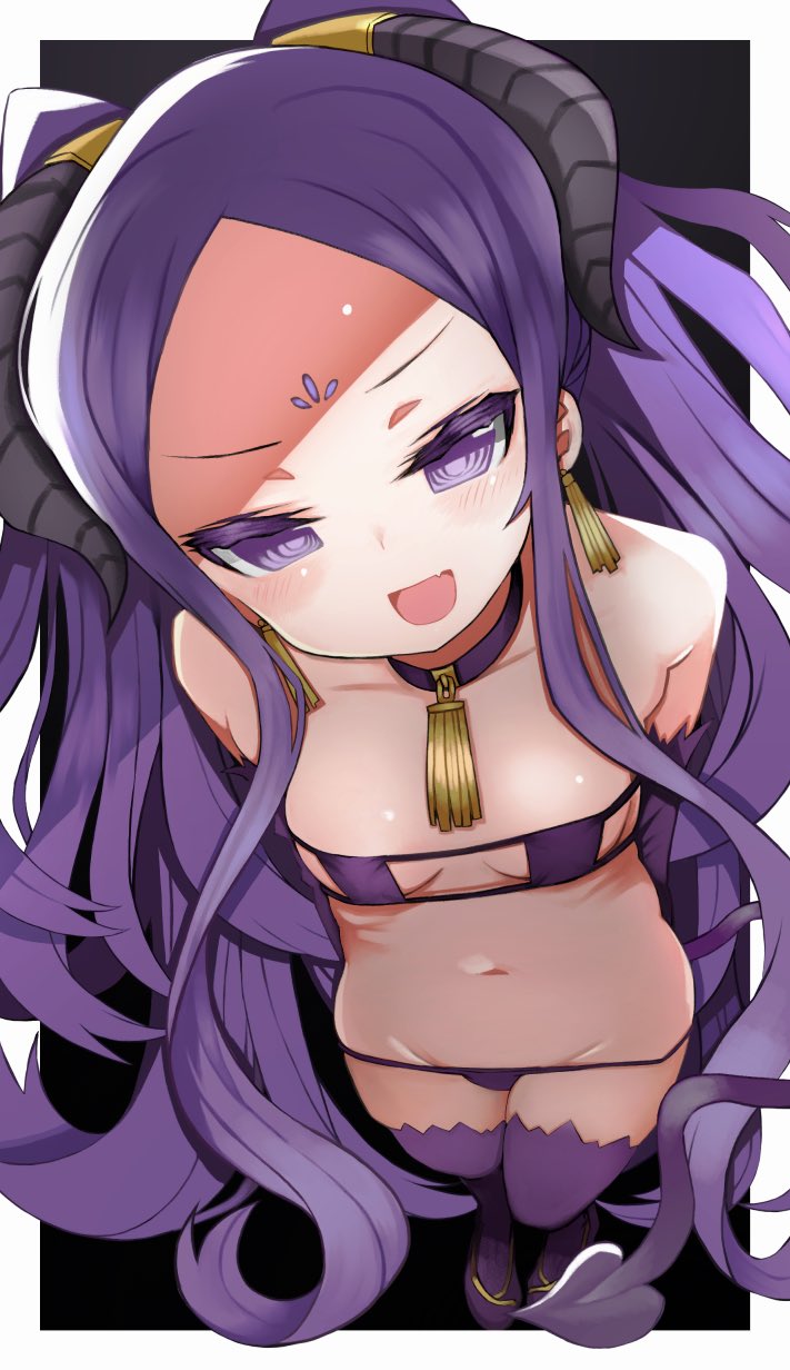 1girl :d bikini blush breasts cleavage collar collarbone earrings fang fate/grand_order fate_(series) highres izuoku jewelry long_hair open_mouth purple_bikini purple_eyes purple_hair small_breasts smile solo swimsuit thighhighs twintails wu_zetian_(fate/grand_order)