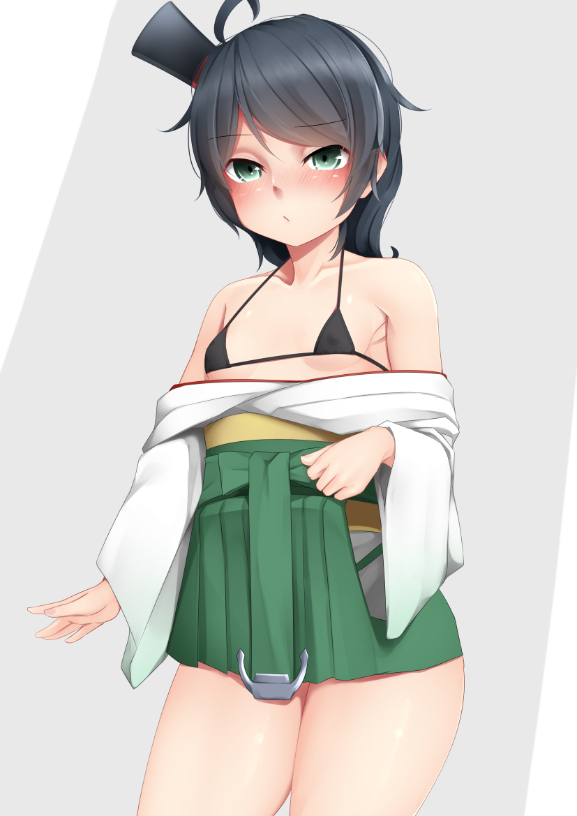 1girl bikini black_bikini black_hair blue_eyes breasts eyebrows_visible_through_hair green_eyes green_hakama grey_background hakama hat japanese_clothes kantai_collection kimono long_hair looking_at_viewer matsukaze_(kantai_collection) meiji_schoolgirl_uniform micro_bikini_top mini_hat mini_top_hat ne_an_ito short_hair small_breasts smile solo swimsuit swimsuit_under_clothes top_hat two-tone_background wavy_hair white_background white_kimono