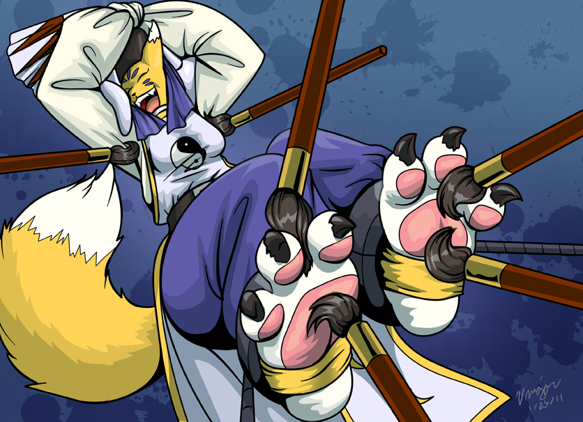 2011 3_toes anthro arms_tied bad-pierrot bound canid canine claws clothing digimon digimon_(species) eyes_closed fangs feet female head_markings laugh mammal markings open_mouth pawpads pink_pawpads purple_markings signature solo taomon tickle_torture tickling tickling_feet toe_claws toes yellow_body