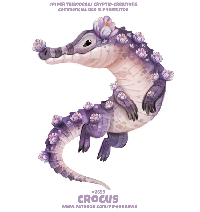 ambiguous_gender beady_eyes black_eyes claws crocodile crocodilian crocodylid crocus_(flower) cryptid-creations english_text feral flower humor plant pun purple_body purple_scales reptile scales scalie simple_background solo tan_body tan_scales text url visual_pun white_background
