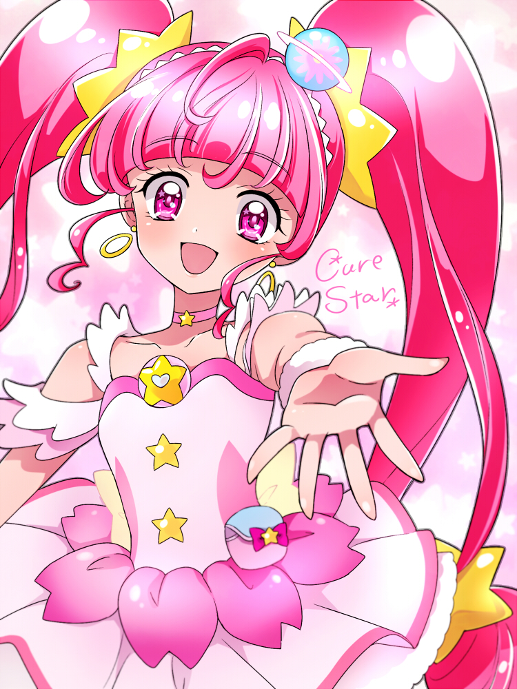1girl :d ahoge character_name choker cowboy_shot cure_star dress earrings hoshina_hikaru jewelry kagami_chihiro long_hair looking_at_viewer magical_girl open_mouth outstretched_hand pink_eyes pink_hair pink_neckwear planet_hair_ornament precure shiny shiny_skin smile solo star star_choker star_in_eye star_twinkle_precure symbol_in_eye twintails white_dress