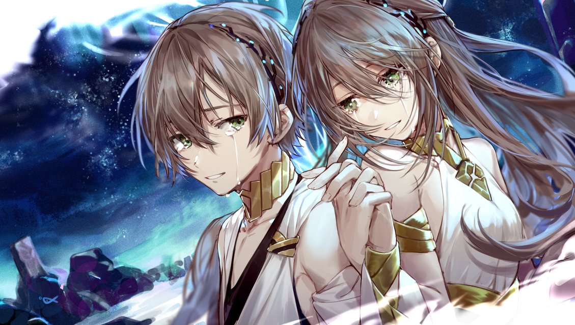 1boy 1girl adele_(fate) bare_shoulders brown_hair crying crying_with_eyes_open csyko fate/grand_order fate_(series) green_eyes holding_hands long_hair makarios_(fate) night night_sky siblings sky smile tears twins