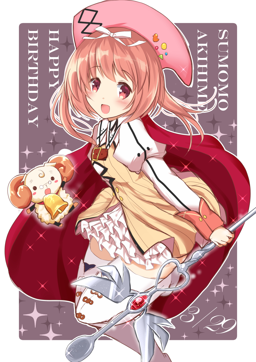 1girl :d akihime_sumomo blush border breasts brown_hair cape commentary_request eyebrows_visible_through_hair glasses happy_birthday hat highres horns long_sleeves looking_at_viewer nanatsuiro_drops open_mouth red_eyes red_hair ribbon sheep short_hair skirt small_breasts smile solo staff thighhighs white_border white_legwear white_ribbon yakata_mana yuki-chan