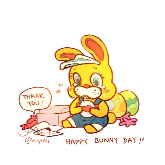 &lt;3 1:1 2020 animal_crossing anthro blush bodily_fluids clothing crying easter_egg english_text hat headgear headwear hiiyuki lagomorph leporid mammal nintendo overalls rabbit simple_background sitting solo tears text video_games white_background yellow_body zipper_t._bunny