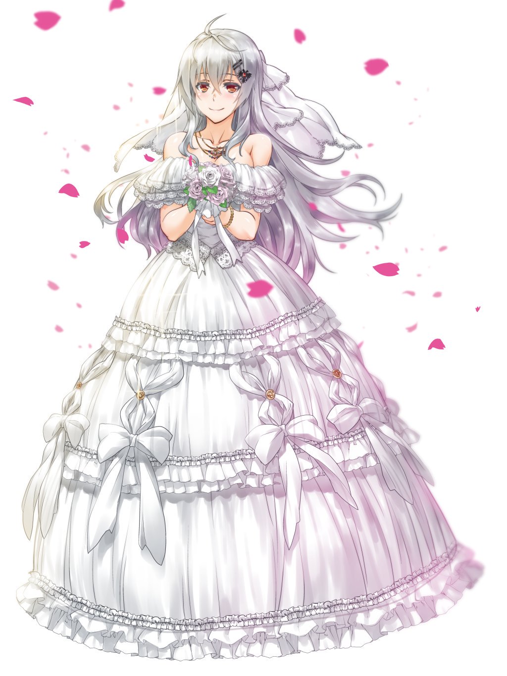 1girl ahoge bouquet bow bracelet bridal_veil buttons byeontae_jagga collarbone dress flower frilled_dress frills girls_frontline hair_between_eyes hair_ornament highres holding holding_bouquet iws-2000_(girls_frontline) jewelry long_hair necklace petals red_eyes ribbon silver_hair simple_background smile solo veil wedding_dress white_background