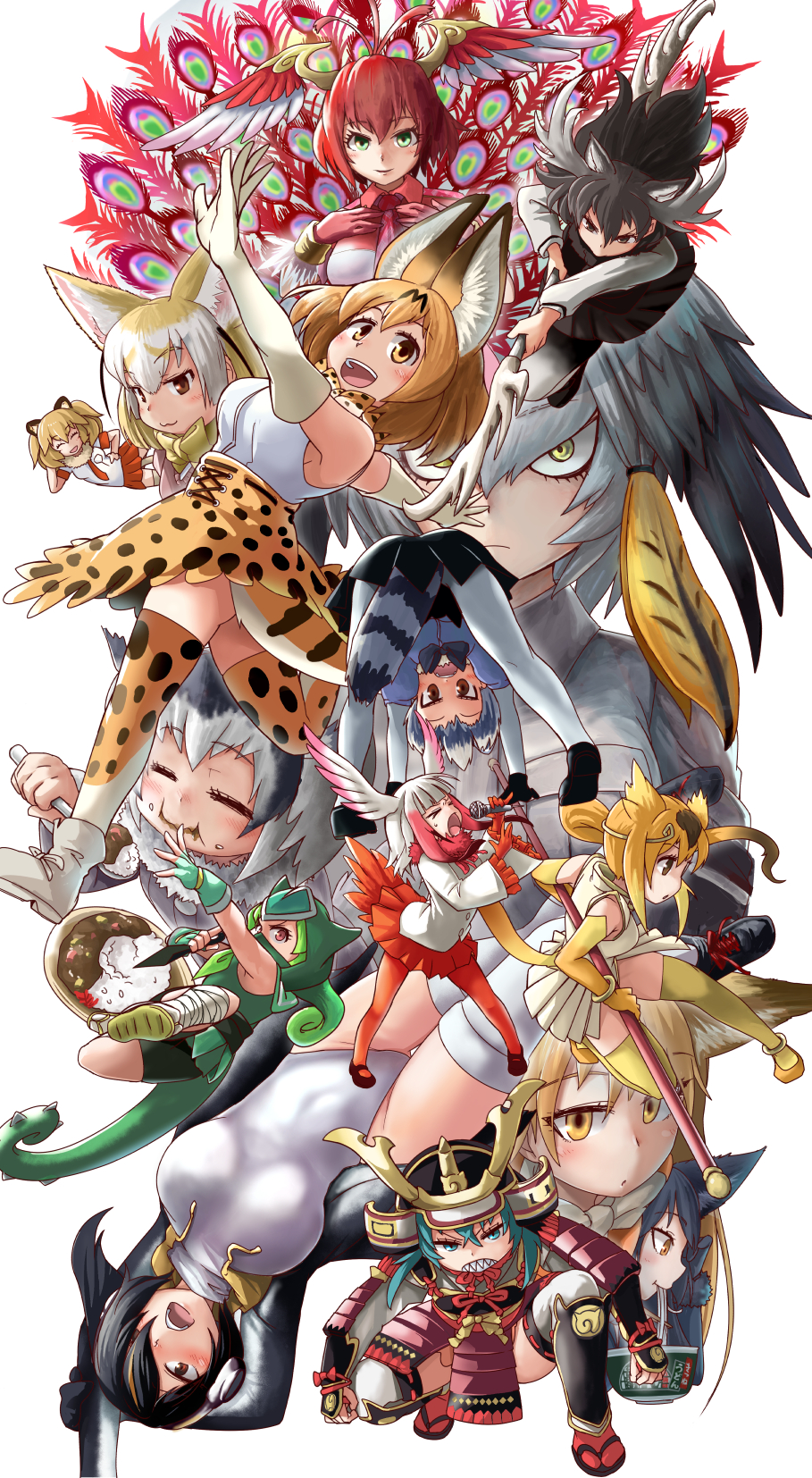 &gt;_&lt; 6+girls :3 :d animal_ear_fluff animal_ears ankle_wrap antlers armor bangs bare_shoulders bird_tail blonde_hair blunt_bangs brown_eyes chameleon_tail circlet clenched_teeth commentary_request common_raccoon_(kemono_friends) curry curry_rice d: doitsuken eating elbow_gloves emperor_penguin_(kemono_friends) extra_ears eyebrows_visible_through_hair ezo_red_fox_(kemono_friends) fennec_(kemono_friends) fingerless_gloves food food_on_face fox_ears frown gloves golden_snub-nosed_monkey_(kemono_friends) green_eyes green_hair grey_hair hair_between_eyes hair_over_one_eye head_wings helmet highres japanese_armor japanese_crested_ibis_(kemono_friends) japari_symbol kabuto kemono_friends kunai leotard lion_(kemono_friends) long_hair looking_through_legs microphone moose_(kemono_friends) multicolored_hair multiple_girls music northern_white-faced_owl_(kemono_friends) open_mouth outstretched_arms panther_chameleon_(kemono_friends) pantyhose peacock_feathers pleated_skirt print_legwear print_skirt raccoon_tail red_gloves red_hair red_legwear red_skirt rice serval_(kemono_friends) serval_ears serval_print serval_tail sharp_teeth shirt shoebill_(kemono_friends) short_hair silver_fox_(kemono_friends) simple_background singing skirt smile spoon staff striped_tail suzaku_(kemono_friends) tail teeth thighhighs tsuchinoko_(kemono_friends) tsurime udon weapon white_background white_hair white_legwear white_leotard white_shirt white_skirt yellow_eyes yellow_gloves yellow_legwear