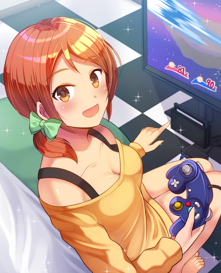 1girl :d bare_legs bare_shoulders barefoot blush bow breasts brown_eyes checkered checkered_floor cleavage collarbone commentary_request couch dress eyebrows_visible_through_hair from_side gamecube_controller green_bow hair_bow holding houjou_karen idolmaster idolmaster_cinderella_girls long_sleeves looking_at_viewer looking_to_the_side medium_breasts nintendo_switch off-shoulder_sweater off_shoulder on_couch open_mouth orange_hair orange_sweater playing_games side_ponytail sitting smile solo sparkle super_smash_bros. sweater sweater_dress television z.nov